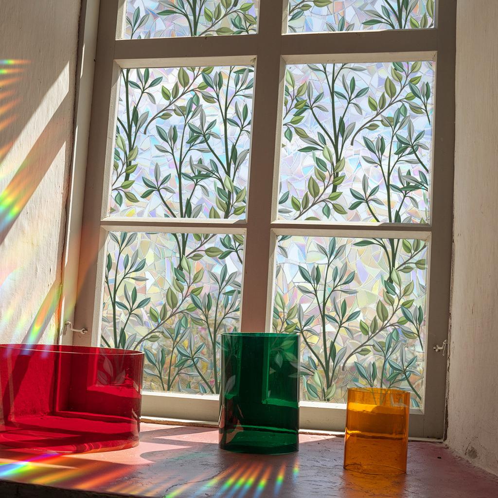 Zelené listy vinné révy Sun Catcher Samolepky na zeď PVC Elektrostatické sklo Samolepky na okna Rainbow Maker Samolepka Sunlight Prisms Home Decor