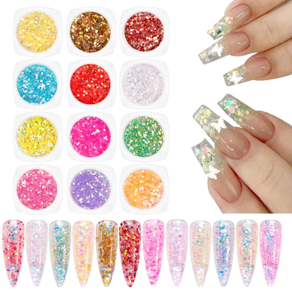 12Pcs Reflective Nail Art Powder Mixed Glitter Sequins Glitter Pigment Nail Crystal Sequins Nails Art Decoration