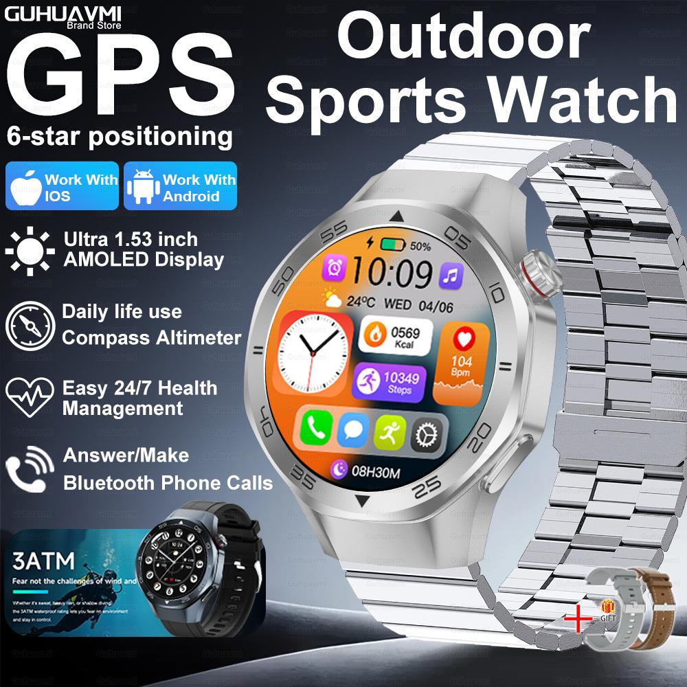 New GPS Position Smart Watch Men 1.53'' AMOLED HD Screen Compass Heart Rate 3ATM Waterproof Call Sports Business Smart Watch