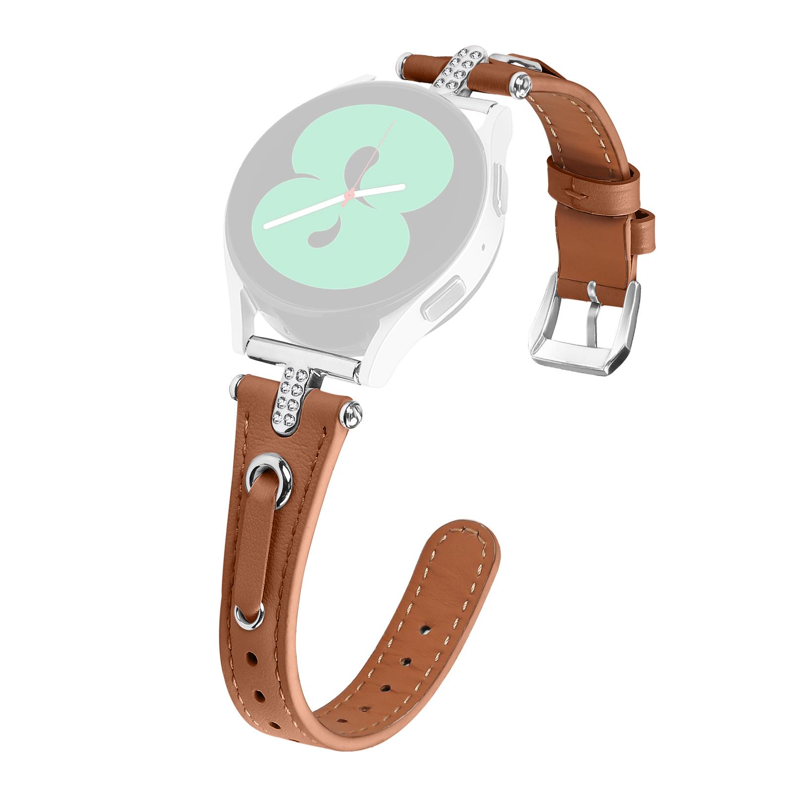 

For Samsung Galaxy Watch 5 Pro/Watch 5/Watch FE 40mm/Watch4/Watch4 Classic Genuine Cow Leather Watch Strap (Silver Buckle) Brown