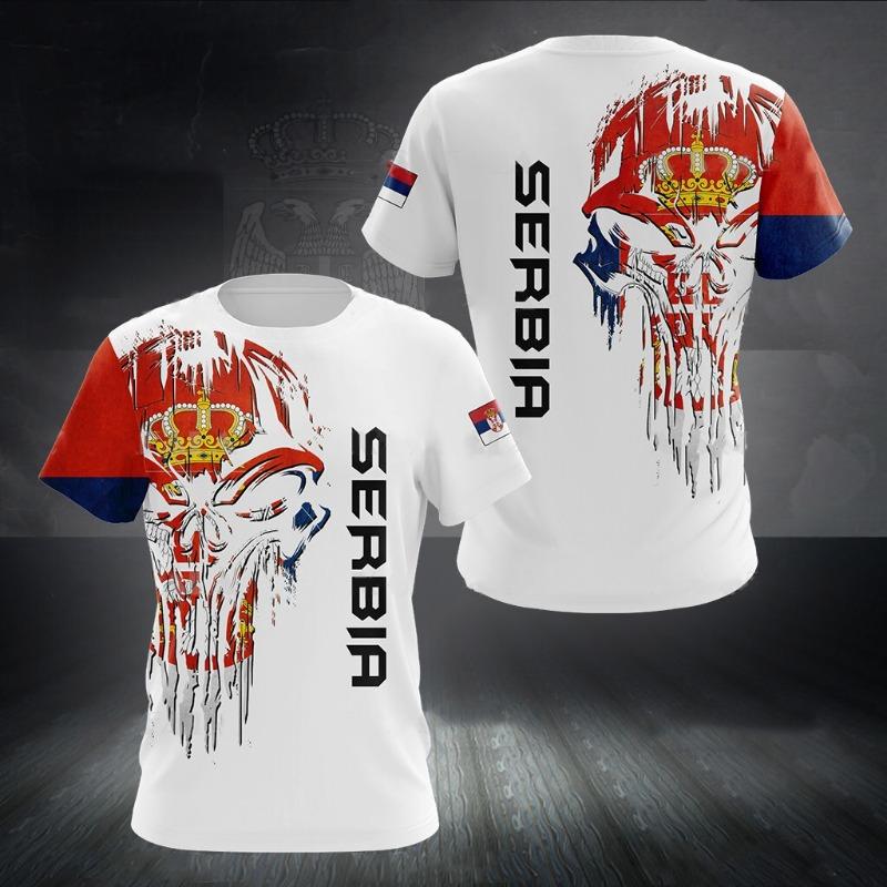 Serbir Pánská trička Nové topy s krátkým rukávem a kulatým výstřihem Potisk vlajky Serbir Pánské tričko Módní Street Oversized Tričko Oblečení
