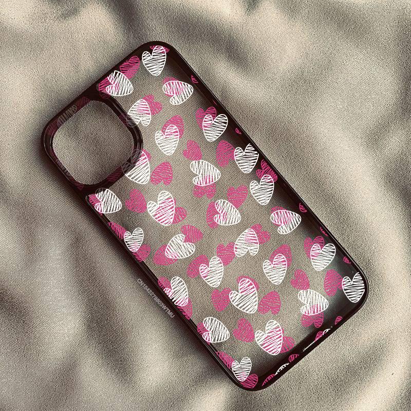 Cute Cartoon Black White Love Heart Phone Case For iPhone 14 Pro Max 16 15 13 Mini 11 12 XR XS X 7 8Plus Clear Hard Cover Fundas