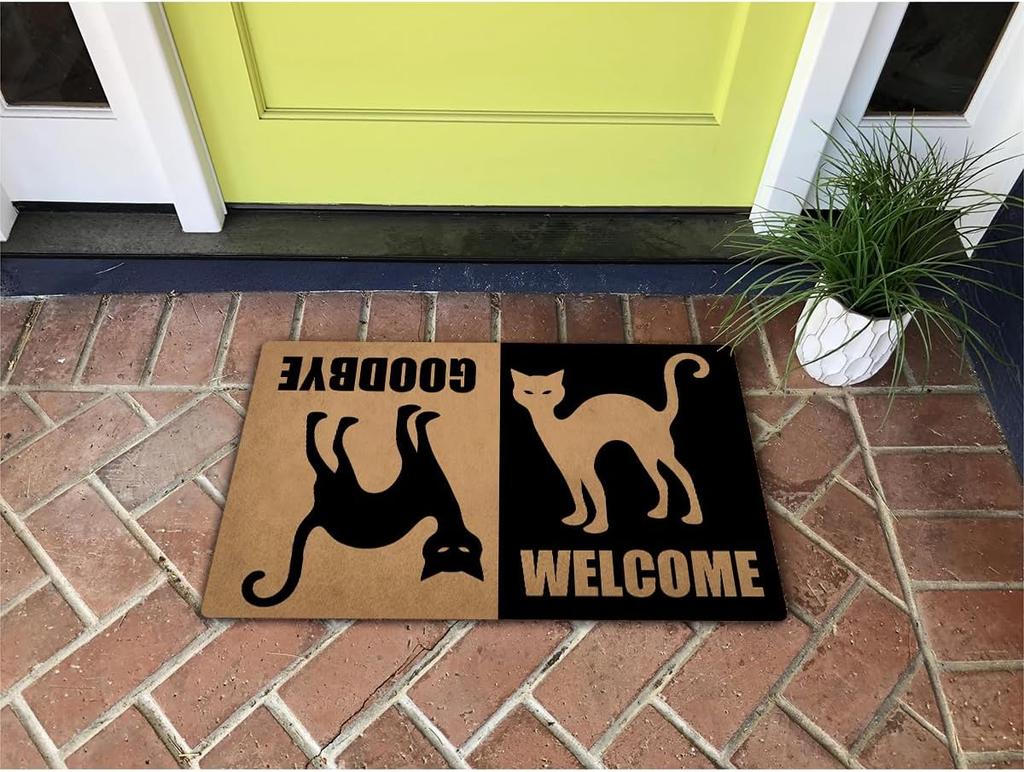 Welcome Goodbye Black Cat Dual-Sided Porch Decor Mat Doormat Rubber Kitchen Floor Mat Non-Slip Carpet Entrance Rug