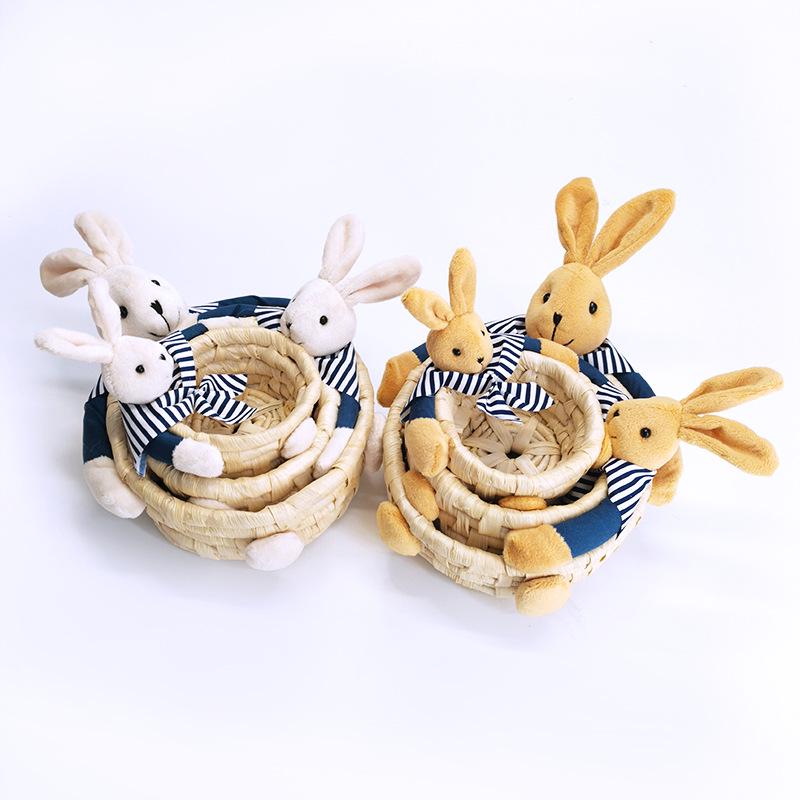 Easter Straw Braided Basket: Handcrafted Corn Husk Storage with Bunny, Bear & Colored Egg Design