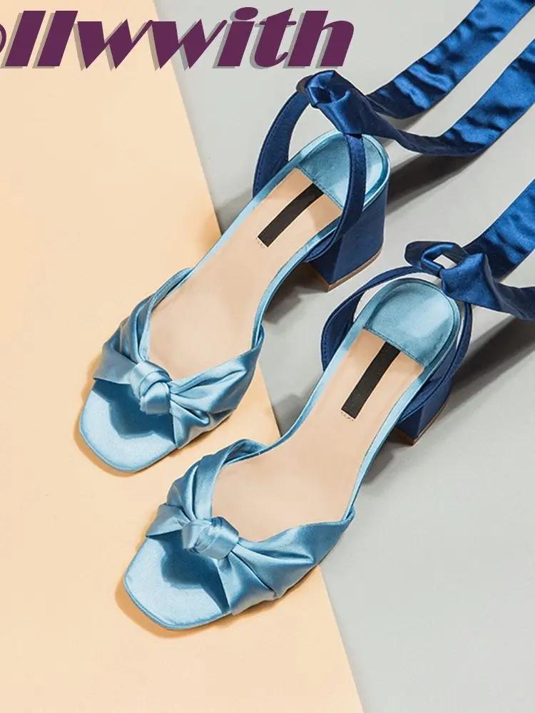 Silk Knot Lace Up Sandals Cross Tied Ankle Wrap Chunky Heel Concise Round Toe Party 2025 New Arrival Summer Woman Shoes