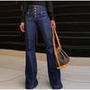 Jeans Retro a Vita Alta Slim Svasati Denim Lavato Vestibilità Elastica Pantaloni Lunghi Jeans Gamba Dritta Colore Blu Stagione Primaverile Universale
