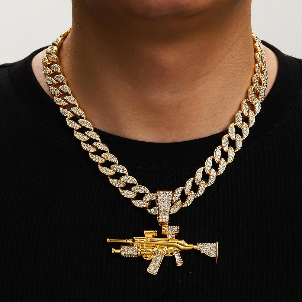 Diamond Gun Jewelry Alloy Simulation Ak Weapon Model Flash Diamond Jewelry Hip Hop Men'S Necklace Full Diamond
