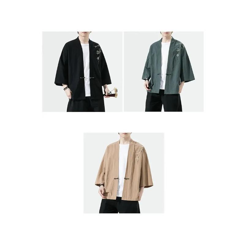 Summer Men's Cardigan Japanese Kimono Samurai Costume Clothing Bamboo Embroidered Kimono Shirt Yukata Haori Casual Coat