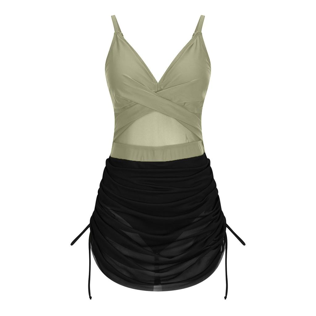 Women One Piece Swimsuit with Adjustable Straps Ruched Skirted Design Crossover Front Tummy Control Swimwear for Beach Pool