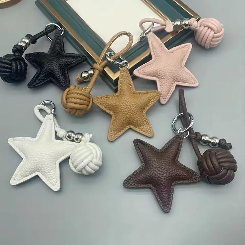 Leather Star Keychain Pentagram Car Keyring with Woven Leather Rope Ball Pendant Creative Bag Pendant Decoration for Women