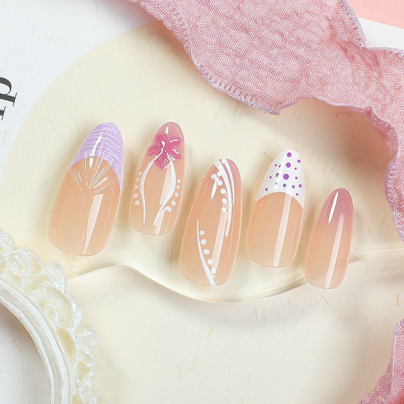30-Piece Set: Handmade Almond Nails with 3D Flowers, Butterflies & Pearls