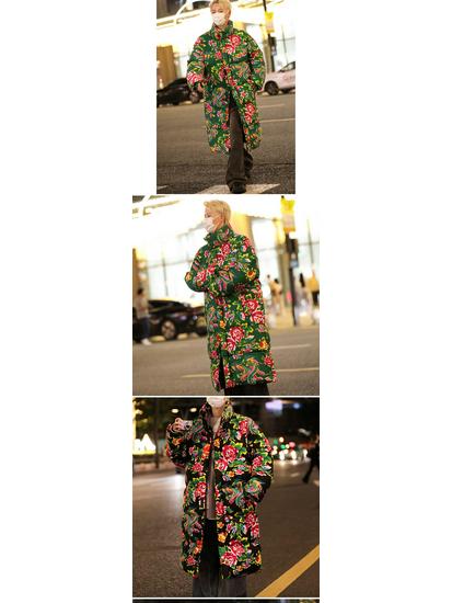 A3 Cotton Padded Hanfu Jacket: Unisex Long Loose Fit, Warm Flower Design, Trendy Cold Protection