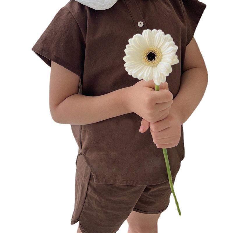 Korean-Style Summer Fashion Cotton Short-Sleeve Lapel Shorts Two-Piece Suit for Boys and Girls