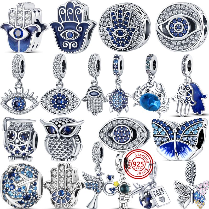 925 Silver Blue Space Earth Airplane Demon Eyes Pavé Clear Zircon Shiny Beads Fit Original  Charms Bracelet Women Jewelry