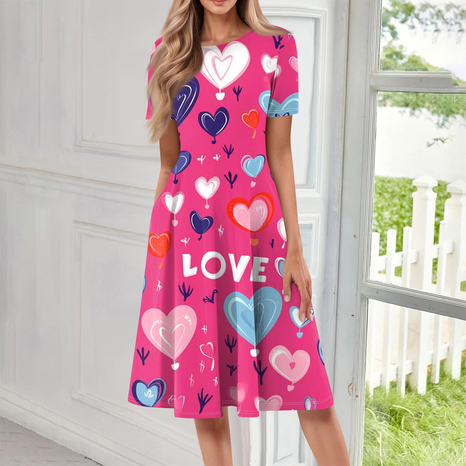 Women Casual Printed Round Neck Short Sleeved Long Dress S