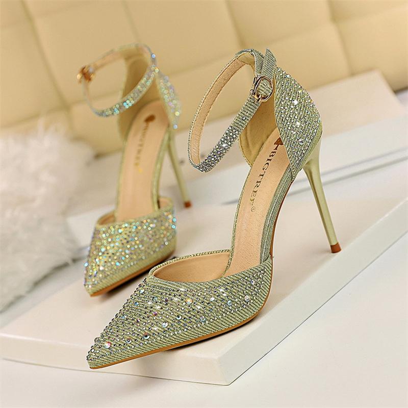 Fashion Women Shallow Mouth Pointed Toe Hollow High Heels Sandals Wedding Champagne Gold Pumps Crystal Glitter Rhinestone Sandals