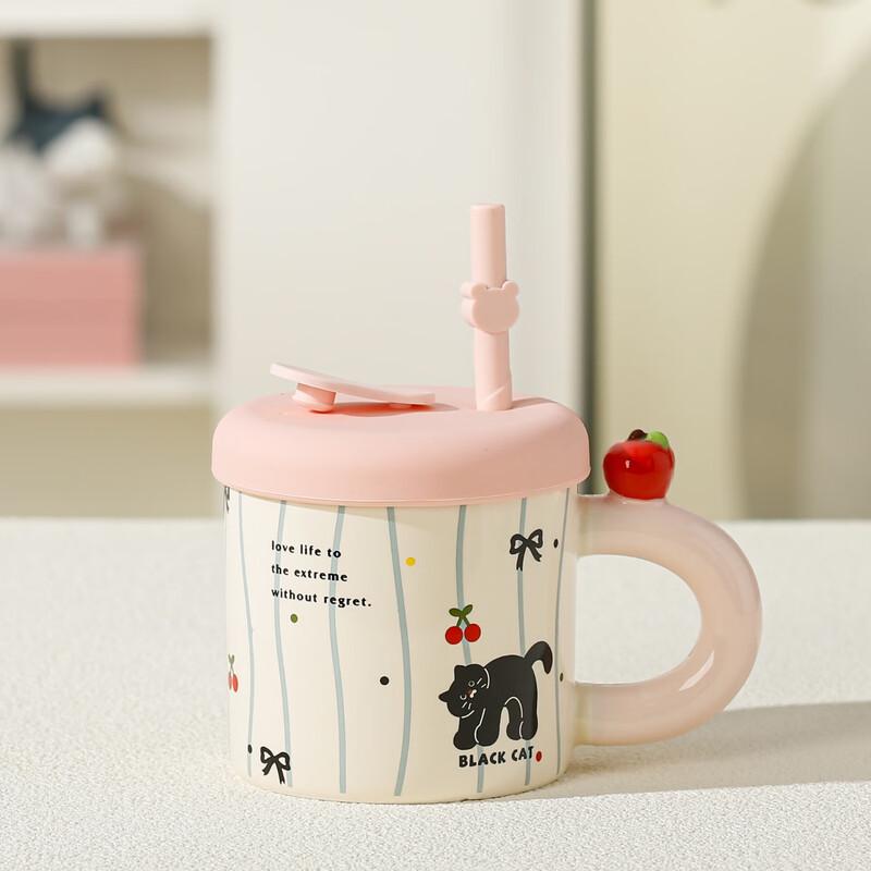 Cute Cat Ceramic Straw Mug with Lid