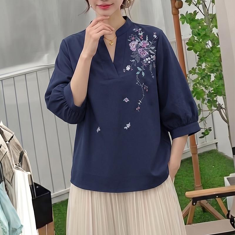 ZANZEA Women Casual V-Neck 3/4 Sleeve Loose Flora Print Blouse