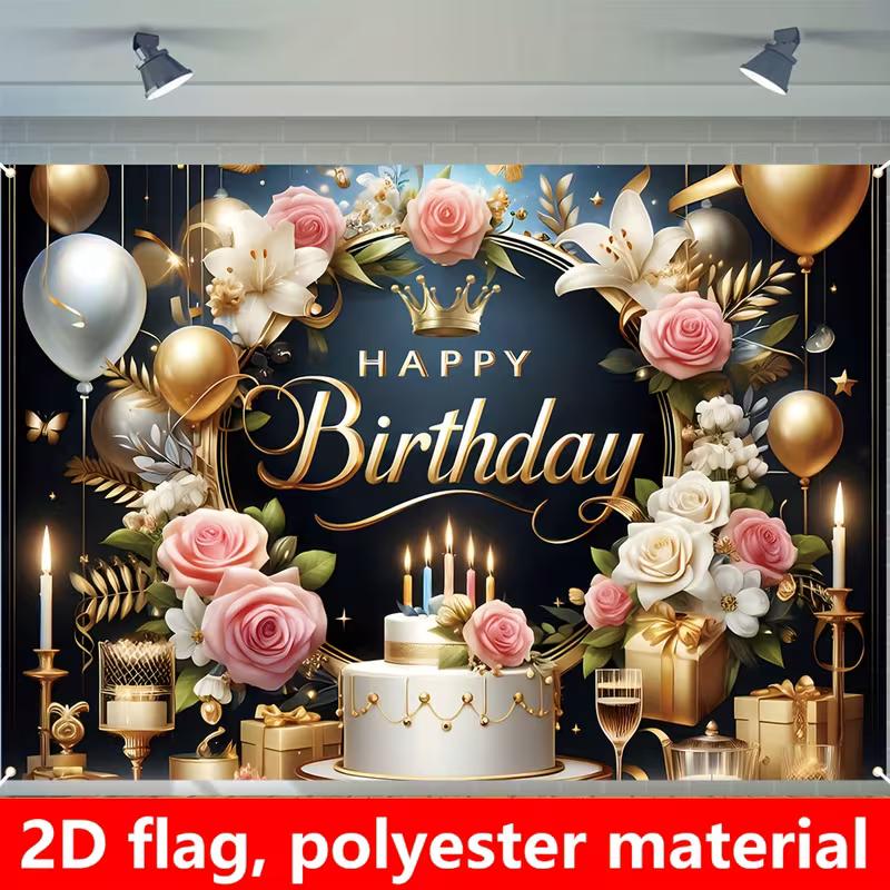 2D Black Gold Floral Birthday Backdrop Home Party Celebration Photo Background