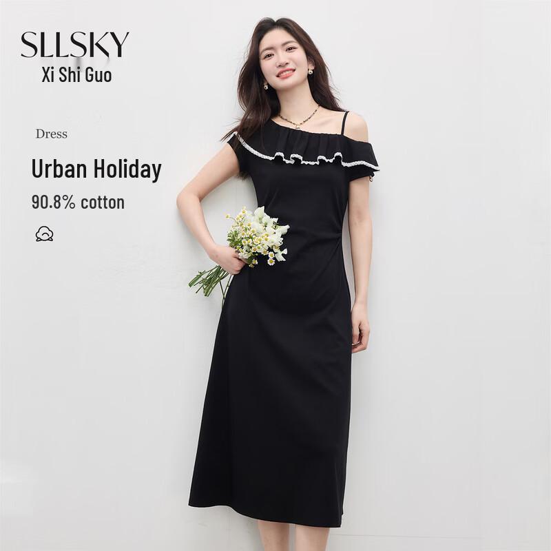 sllsky French Ruffle Off-Shoulder Little Black Dress S