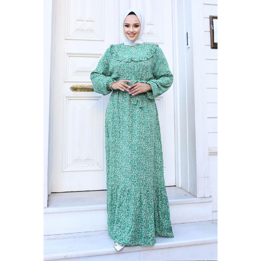 Ruffle Detailed Floral Viscose Dress Tsd240614 Black