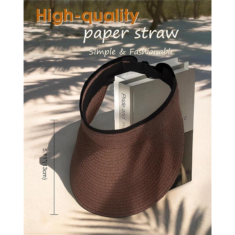 Fashion Sun Hats Visor for Women, Straw Beach Hat Adjustable Wide Brim Ponytail Packable for Summer Travel UPF 50