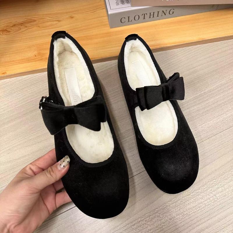 Small inner height increase 5cm Mary Jane shoes women's leather fashion round head bow one-word buckle with velvet single shoes