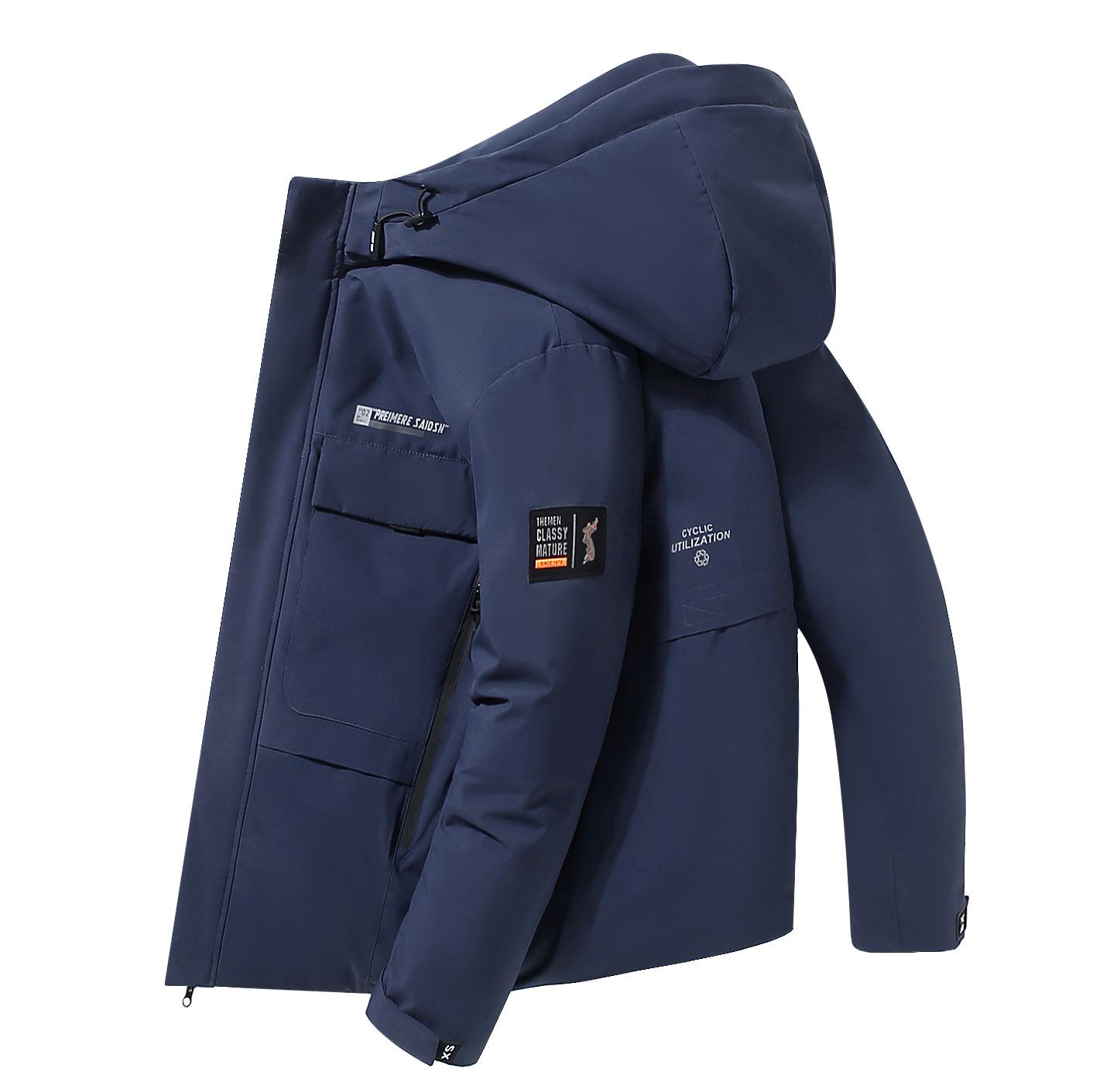 

2025 короткая холодная одежда мужская зимняя утолщенная куртка с капюшоном мужская повседневная уличная трендовая XXXL тёмно-синий