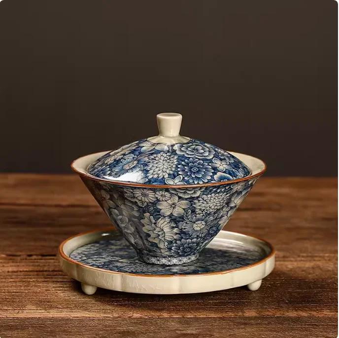 Ru Kiln Blue and White Ceramics Three Talent Bowl Household Chinese style tea bowl Retro tea maker teacup 1pcs
