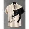 Men's Japanese Retro Art Black Cat Print Shirt Short Sleeve Stand Up Collar Single Breasted Casual Linen Top for Vacation