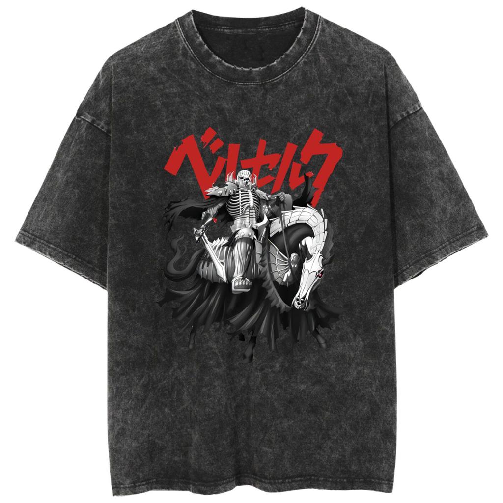 Fit Summer Berserk Stained Leather Washed Vintage Short Sleeve Tshirt Warrior Shirt Retro High Street Loose Cotton Top