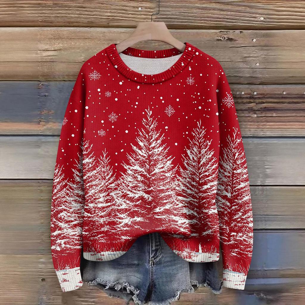 Long Sleeve Pullover Sweaters For Women O Neck Casual Cute Printing Knit Oversized Sweater
