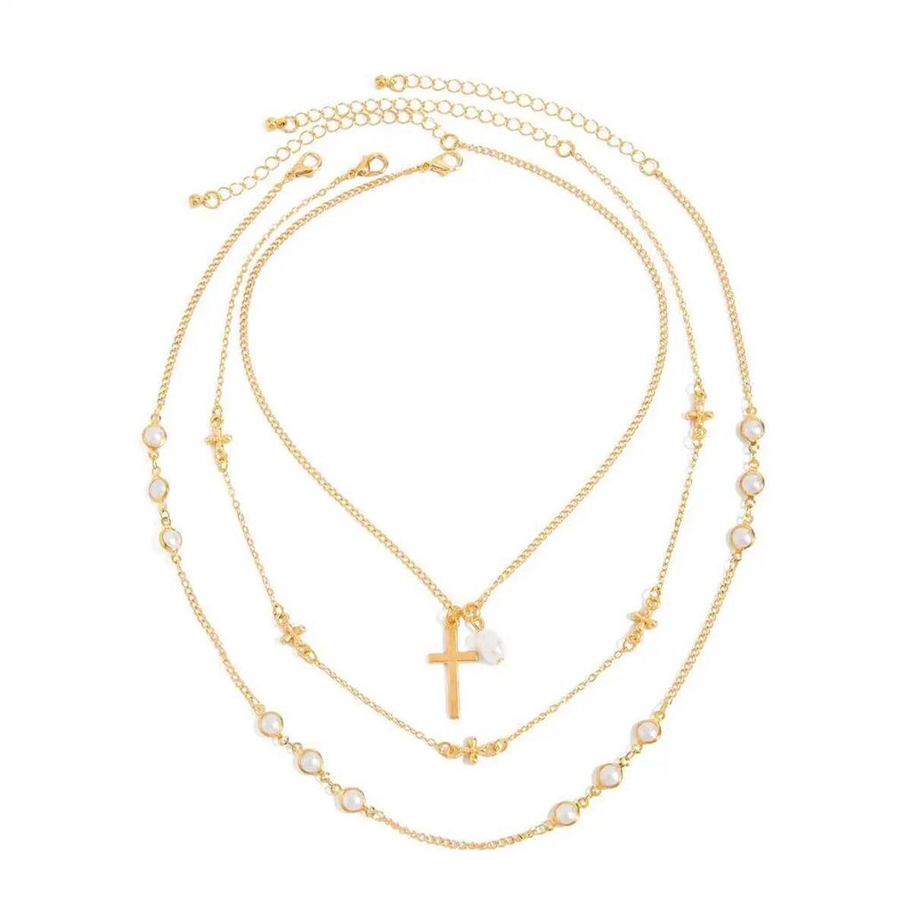 SHIXIN 3Pcs/Set Vintage Jesus Cross Pendant Necklace for Women Boho Trendy Multi-Layer Metal Imitation Pearl Choker Jewelry Gift
