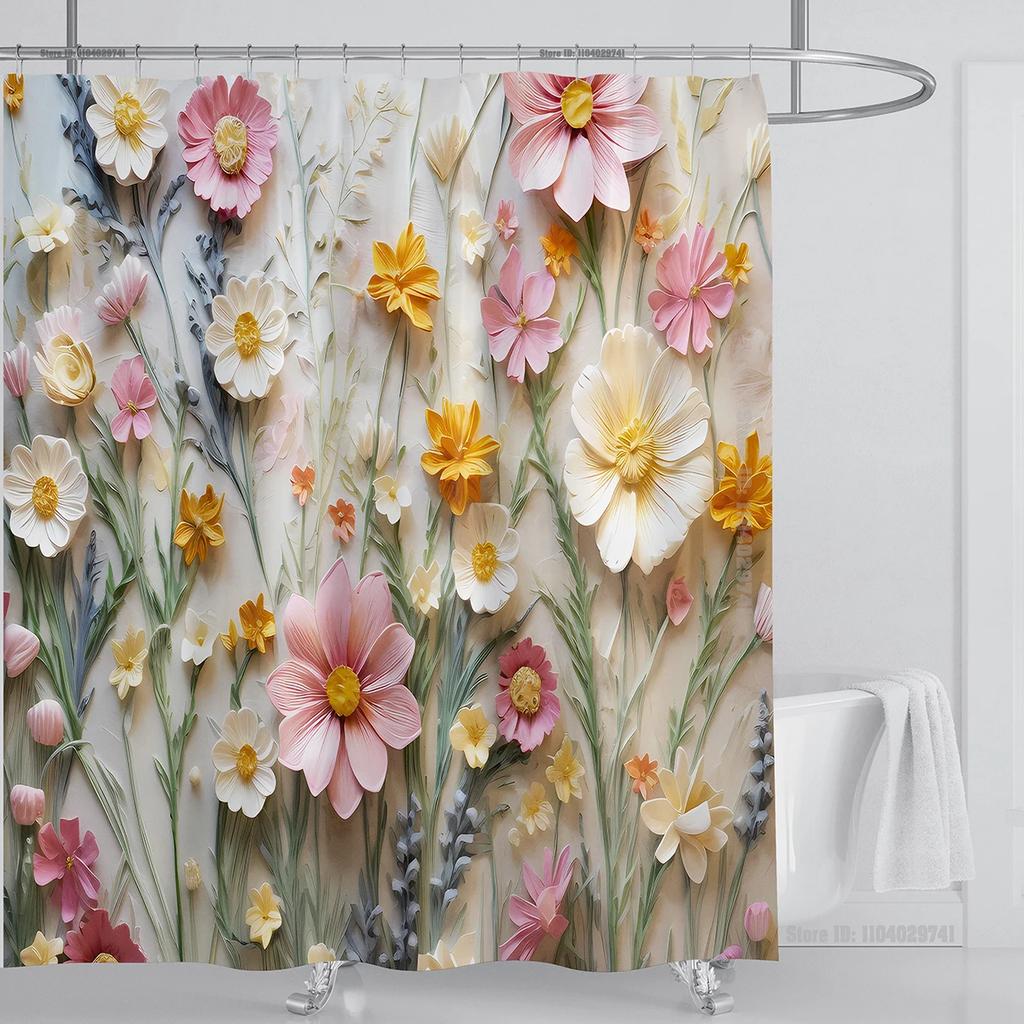3D Floral Shower Curtain Set Orange Flower Design Fabric Bathroom Decor Waterproof Washable Shower Curtain Set With Hooks