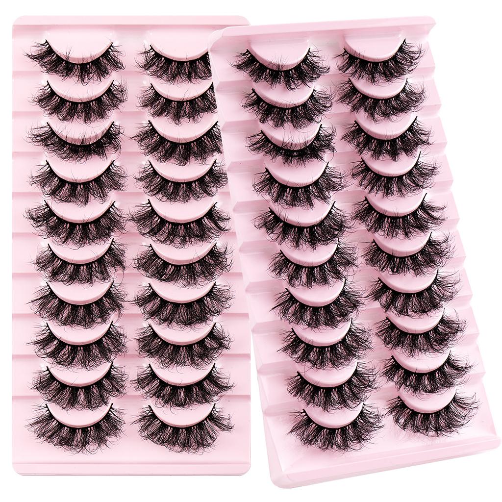10 paires de faux cils à tiges rigides, imitation poil de vison naturel, style ébouriffé, désordonné, recourbé et épais