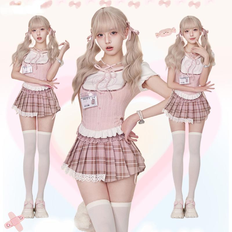 

Kawaii Lolita Стиль комплект из 2 предметов женский милый мультяшный медведь блузка с короткими рукавами Y2k клетчатые мини-юбки женский корейский модный костюм