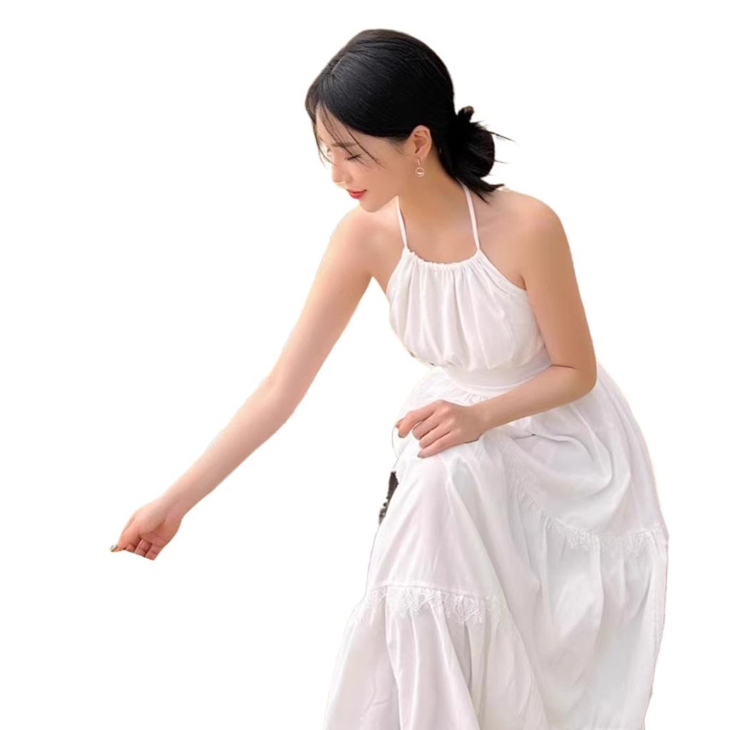 Beautiful Sanya seaside photo skirt temperament white neck sling backless dress long holiday beach dress