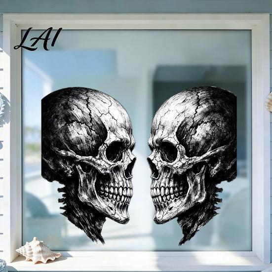 Sunproof Decorative Glass Stickers Halloween Skull Static Window Sticker Realistic Skeleton Decal Waterproof PVC Clings Retro Art Mural for