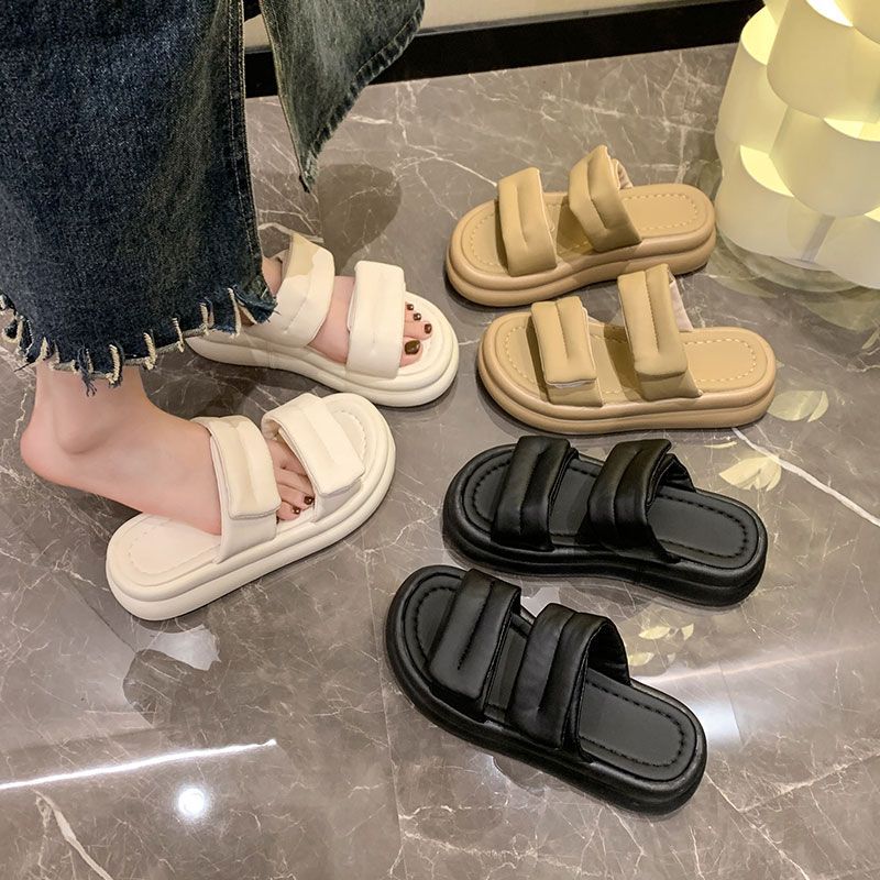 Muffin thick-soled cool slippers women's summer wear 2025 new Velcro beach sandals fashion and high-end one-word drag