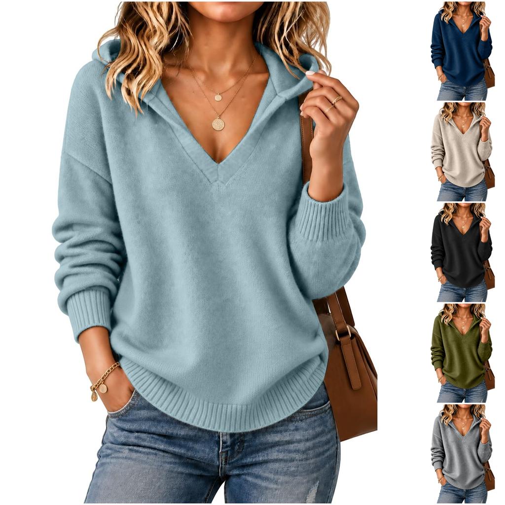 Women's Fashion Knit Sweater, Loose Fit Hooded V Neck Long Sleeve Pullover for Fall Winter