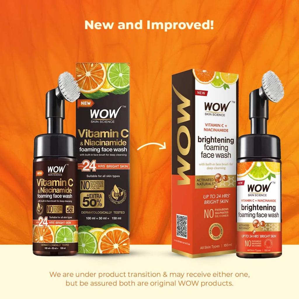 WOW Skin Science Vitamin C & Niacinamide Foaming Face Wash with Built-In Brush for Deep Cleansing Radiance 150 Ml