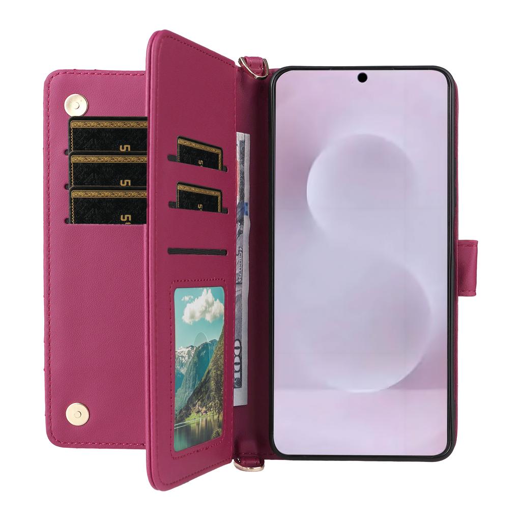 For Samsung Galaxy S25 Edge Wallet Case with Shoulder/Wrist Strap Leather Phone Cover Stand
