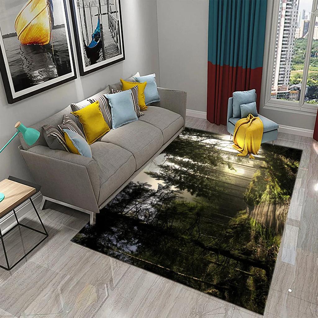 Forest Carpet Natural Landscape Rug Green Grass Rectangle Area Rugs for Adults Yoga Mats Bedroom Living Room Decor Soft Door Mat