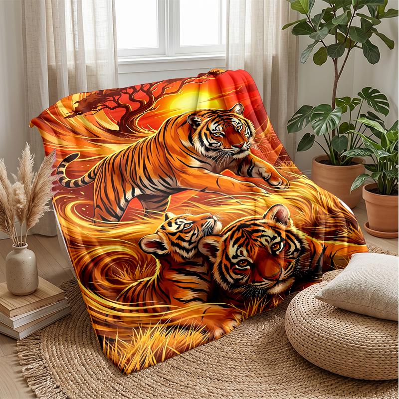 Tiger Family Sunset 1 Theme blanket Lightweight Warm Flannel Blanket Decorative Throw Blanket for Home Decoration