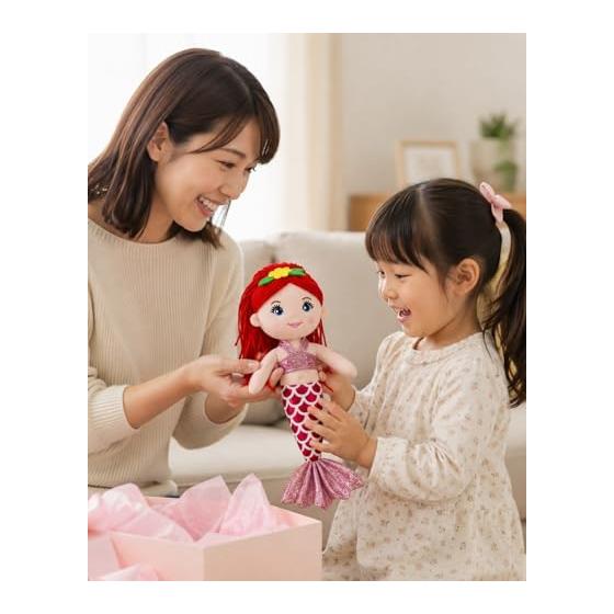 Mermaid Plush Toy - Cute Doll for Room Decoration, Gift for Girls, Birthday, Christmas - Soft & Huggable, Sparkly Tail, Easy To Carry (Red, 30cm)