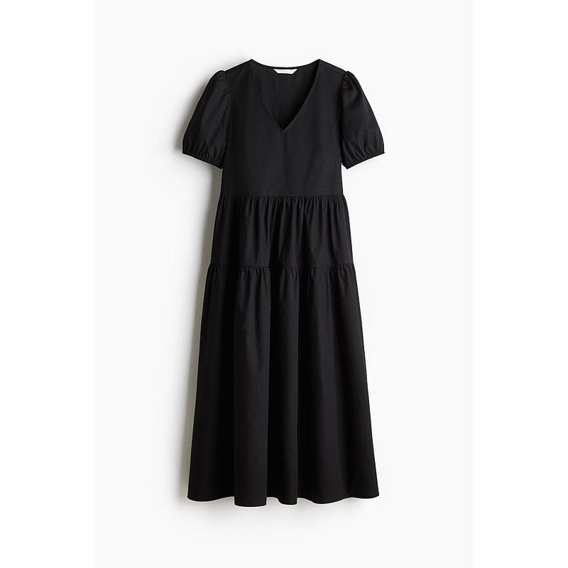 

Женское платье HM 2025 Осень Новое поступление Пышные рукава Отпускной стиль V-образный вырез Платье с растительным принтом 1287800 Black 160/88