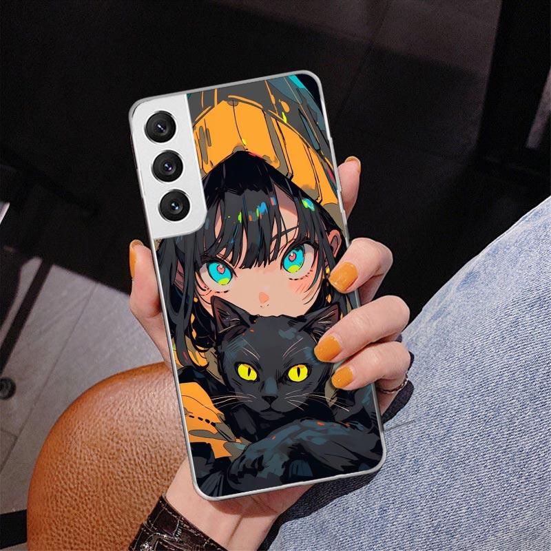 Anime Girls Cute Black Cat Phone Case For Samsung Galaxy S24 S25 Edge S26 Ultra S23 S22 S21 Plus S20 FE + Personalized Print Cov