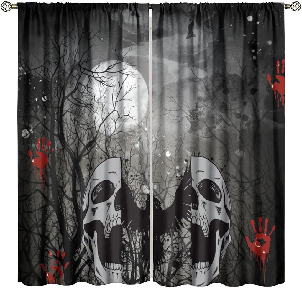Gothic Black Damask Curtain Vintage Floral Exotic Suger Skull Window Treatments Bedroom Bone Skeleton Antique Bohemian Polyester Washable Ready