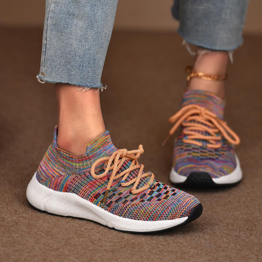 Breathable Fly-Woven Sports Single Shoes Women'S Spring Color Matching Casual Soft Sole Large Size Lace-Up Running Shoes Size 43