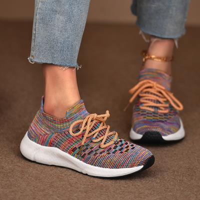 Atmungsaktive Fly-Woven Sports-Single-Schuhe Damen Frühling Farbkombination Lässig Weiche Sohle Große Größe Schnürung Laufschuhe Größe 43